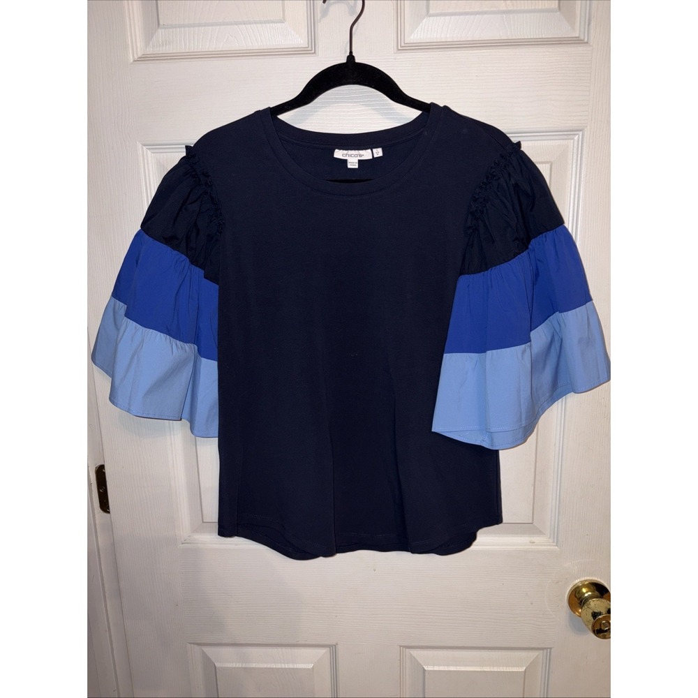 Chicos 1 = M Knit Top Blue Ombre Tiered Flare Woven Elbow Sleeve Tee Navy